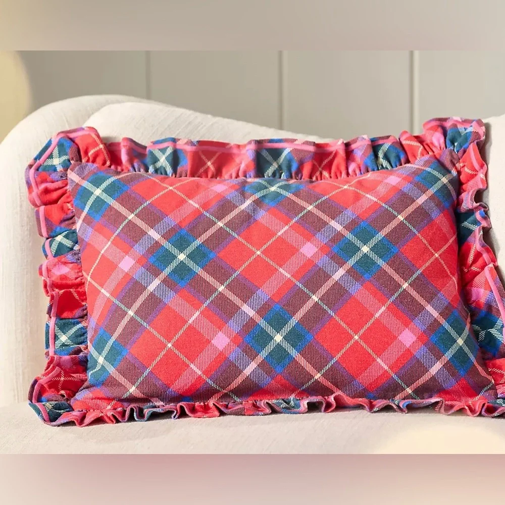 Anthropologie Tartan Cotton Embroidered Ruffle Pillow